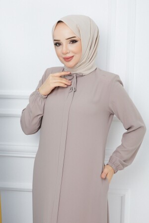 Tesettür Giyim Krep Kumaş Ferace Yaka Bağcıklı Vizon - Moda Esre Fashion