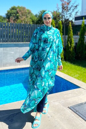 Tesettür Mayo Üzerine Desenli Tek Kaftan Pareo Hawaii 430-133 Yeşil - 4