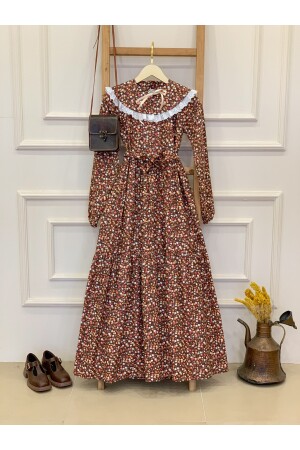 Tesettür Seyyar Yakalı Kahve Çiçekli Kat Kat Elbise - Küçüğüm Butik