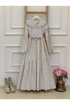 Tesettür Seyyar Yakalı Krem Zemin Kahve Çiçekli Kat Kat Elbise KCGM11187 - KÜÇÜĞÜM BUTİK