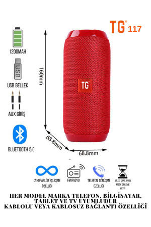 T&g 117 Bluetooth-Lautsprecher, kabellos, tragbar, Klangbombe, extra Bass, Rot, tg117-bymia - 2
