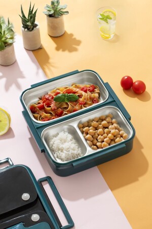 Thermoisolierte Thermos-Lunchbox mit 3 Fächern aus CKR-Stahl, grün - 1