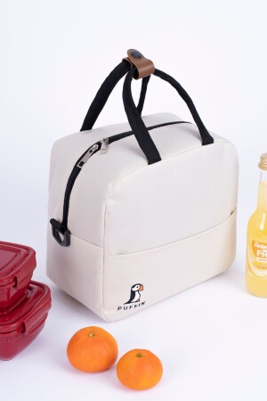 Thermotasche, wärmeisoliert, wasserdicht, zum Mitnehmen von Lebensmitteln, Lunchbox mit Aufhänger, Creme - 1