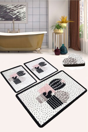 Three Cactus Djt 3 Lü Set Banyo Halısı Paspas Kaymaz Taban Yıkanabilir Klozet Takımı - 1