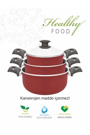 MNZ-Titanium 3-piece Casserole Pot Set 18x20x22 سم / اللون الأحمر مع غطاء الفولاذ GRNT. Casserole - AYKUT MUTFAK GEREÇLERİ