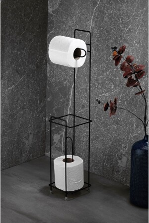 Toilettenpapierhalter mit Sockel, WC-Papier und Ersatzpapierkammer, Schwarz PRA-5668392-5127 - 2