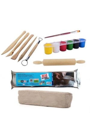 Tonteig-Set 4, Keramikteig-Starterset, Holzblumentopf, Walze, 1 kg Ton, Farbe, Pinsel HA747 - 2