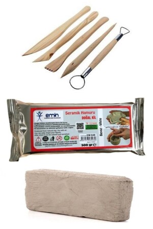 Tonteig-Set, 500 g weißer Keramikteig und Holz, Ebeşşoar, Modellierschlamm, natürlich TRU231 - 1