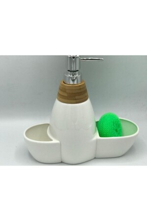 Tr-252 Vilma Porselen Beyaz Mutfak Tezgahı Üstü Bambu Sıvı Sabunluk Seti TR-250 - 3