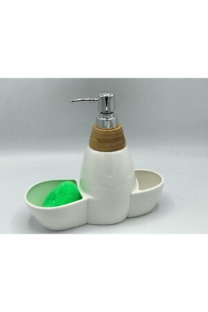 Tr-252 Vilma Porselen Beyaz Mutfak Tezgahı Üstü Bambu Sıvı Sabunluk Seti TR-250 - 4