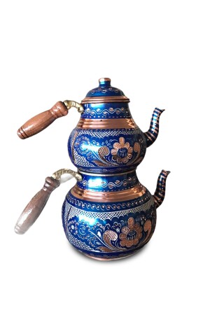 Traditionelle Erzincan bestickte blaue Kupfer-Teekanne mittlerer Größe ERZCAY-1001 - 3