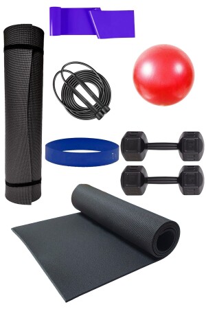 Trainingsmatte, Widerstandsband, Springseil, 2 x 1 kg Hantel, Aerobic-Band und 20 cm Ball - 1