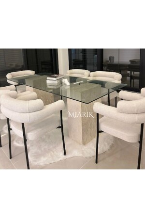 Traverten Mermer Kup Ayakli Cam Tablali Yemek Masasi - Miarik Design & Dekorasyon