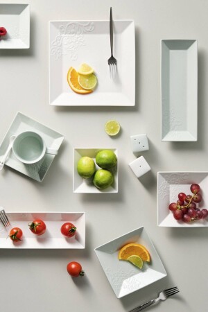 Trend Emboss 32 Parça 6 Kişilik Porselen Kahvaltı - Servis Takımı Kare Yeşil - Karaca