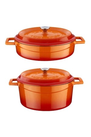 Trendiges 2-teiliges Topfset aus Gusseisen, 24 cm tief, abgeflachtes Orange, Lava24bdred - 1