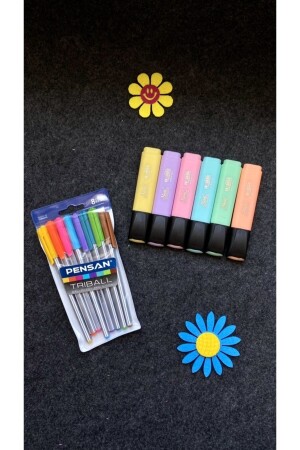 Triball Kugelschreiber 8 Farben + Masis Pastellfarben-Textmarker-Markierungsstift, 6er-Set TRİBALL+MASİS - 3