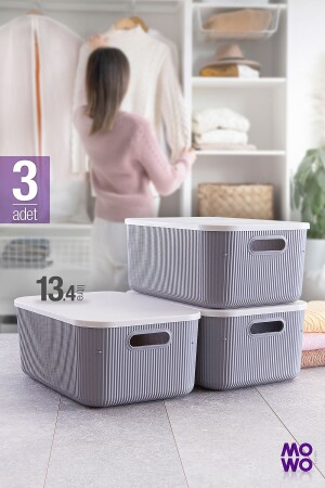 Trove 3 Adet 13-4 Lt (gri) Düzenleyici Kapaklı Kutu- Dekoratif Saklama Kutusu - Mowo Home
