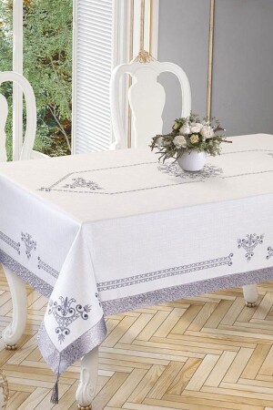 Tulpenbedruckte rechteckige Tischdecke Silber 161619 - Çeyiz Diyarı