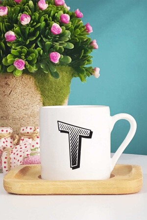 Türkische Kaffeetasse mit Buchstaben-Design und Buchstabe T mit Holzsockel HDZTUK0060HT77700001 - 4