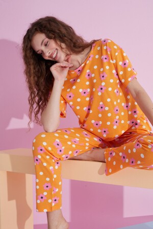 turuncu puan desenli likralı Örme Pijama Takım - 1