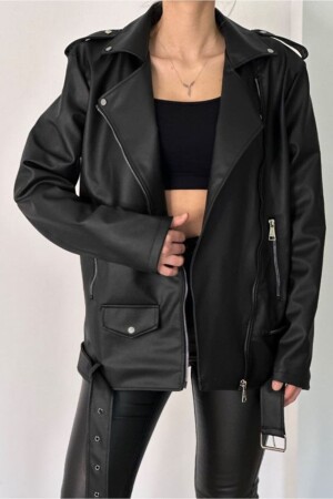 Übergroße Damen-Lederjacke mit langem Gürtel - 1