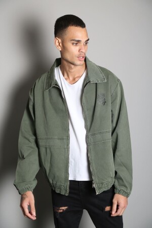 Übergroße, khakifarbene, bedruckte Herren-Bomber-Jeansjacke mit Reißverschluss, XL - 1