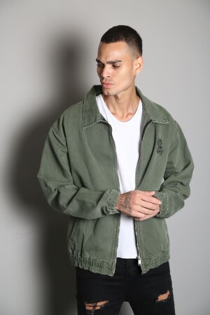 Übergroße, khakifarbene, bedruckte Herren-Bomber-Jeansjacke mit Reißverschluss, XL - 3