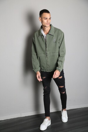 Übergroße, khakifarbene, bedruckte Herren-Bomber-Jeansjacke mit Reißverschluss, XL - 5