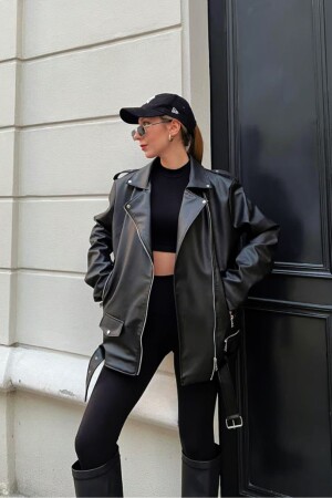 Übergroße lange Biker-Lederjacke für Damen - 1