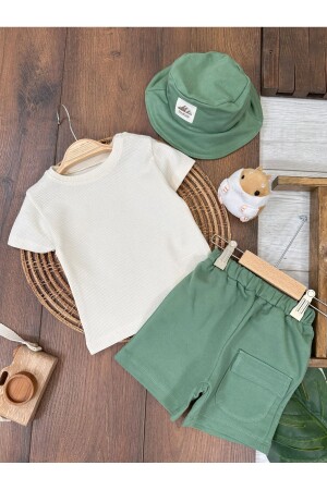 Übergroßer Safari-Hut, Waffel-T-Shirt mit Taschendetail und Druckknöpfen an der Schulter, Sommeranzug für Babys - 1