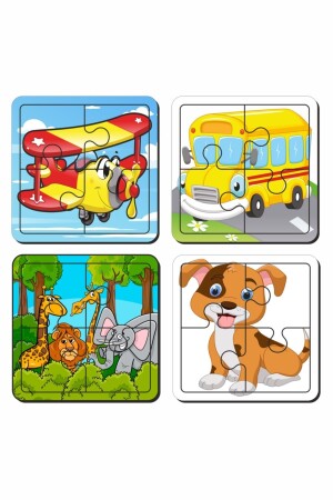 Uçak- Otobüs- Sevimli Hayvanlar Ve Köpek 4 Parça 4'lü Yapboz Ilk Puzzle- Kolay Puzzle - 1