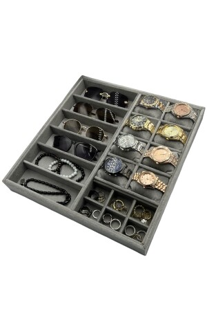 Uhr, Brille, Ring, Schmuckständer, Holz, Wildleder, grau beschichtet, 36–38 cm, KDR13638 - 1