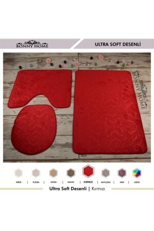 Ultrasoft Desenli 3lü Kırmızı Klozet Takımı Banyo Halısı Paspası Seti UltSoft - 4