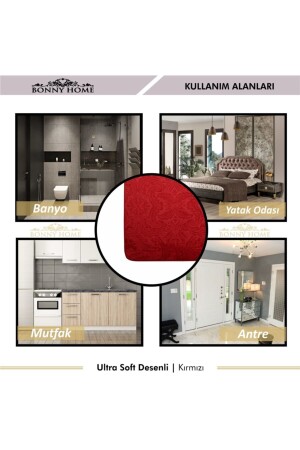 Ultrasoft Desenli 3lü Kırmızı Klozet Takımı Banyo Halısı Paspası Seti UltSoft - 7