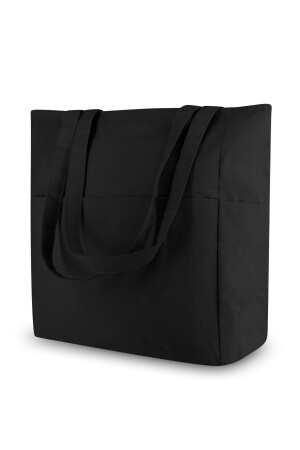 Umhängetasche mit schwarzem Griff – Canvas-Stofftasche – Reißverschluss – mehrere Taschen – Einkaufstasche – umweltfreundlich - 4