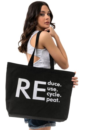 Umweltfreundliche Recycle Reduce bedruckte schwarze Canvas-Tasche mit Reißverschlusstasche – Tragetasche – Strandtasche - 1