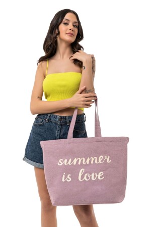 Umweltfreundliche Recycling-Sommer-bedruckte lila Canvas-Tasche mit Reißverschlusstasche – Einkaufstasche – Strandtasche - 1