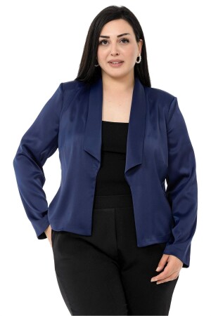 Ungefütterte, kurze, marineblaue Jacke aus Satin mit Schalkragen in Übergröße - 1