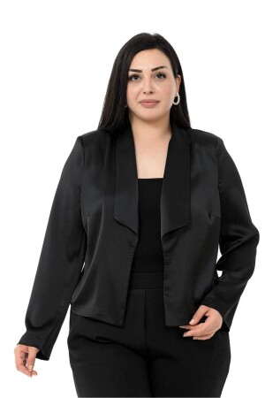 Ungefütterte, kurze, schwarze Jacke aus Satin mit Schalkragen in Übergröße - 1