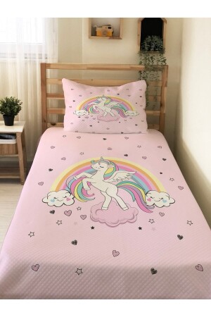 Unicorn Desenli Bebek Ve Çocuk Baskılı Tek Kişilik Pike Takımı 160x230 Pembe 98158 - 1