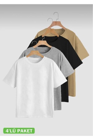 Unisex 4’lü Hazır Paket Siyah - Gri - Beyaz - Kahve Slimfitt T-shirt - 1