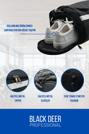 Unisex Ayakkabı Bölmeli Spor Çantası-Omuz Askılı-Gym-Seyahat-Büyük Boy Spor Çantası Siyah - 3