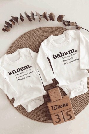 Unisex-Baby-Body mit Aufschrift „Mama und Papa“, langärmlig, ecrufarben, Bio-Baumwolle, 2er-Set - 1