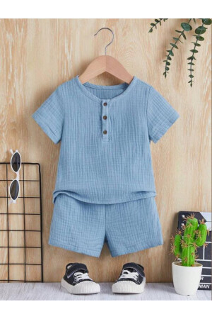 Unisex Bebek&Çocuk %100 Pamuklu Düğmeli Müslin Alt Üst Şort Takım-Mavi - 1