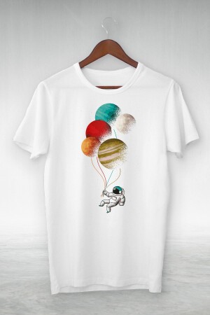 Unisex Beyaz Balloon And Astronot From The Planet Illustrasyon Tshırt - 1