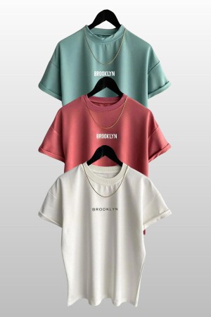 Unisex Brooklyn Baskılı 3lü Paket Beyaz-Gül Kurusu-Mint T-shirt - 1