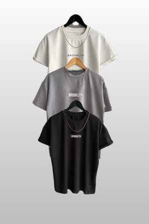Unisex Brooklyn Baskılı 3lü Paket Siyah-Beyaz-Gri T-Shirt - 1