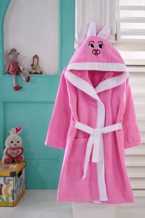 Unisex Çocuk Pembe Kapüşonlu Nakışlı Bornoz 153-99-0017 - 1