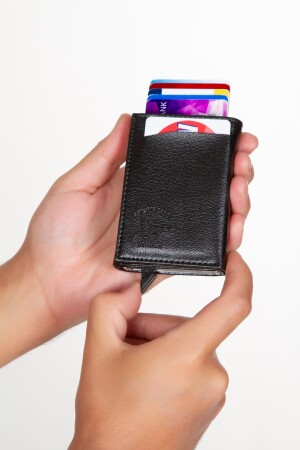 Unisex-Geldbörse aus Leder mit Aluminiummechanismus, verschiebbarer Kartenhalter, Schwarz (7 x 10 cm), täglich nützlich. KARTENHALTER547 - 2