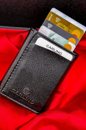 Unisex-Geldbörse mit Kartenetui aus schwarzem Leder mit Mechanismus und automatischem Schieber KRTLK01 - 2